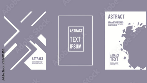 Three modern abstract templates with geometric shapes and text placeholders on purple background for design and branding purposes with white accents