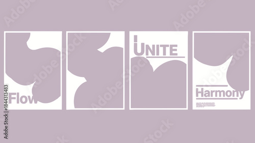 Aesthetic typographic design elements with abstract shapes and words flow unite harmony on white background in purple hue creative artistic expression