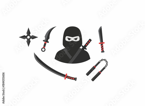 Essential set of stealthy ninja martial artist character and dangerous ancient Japanese weapon illustrations