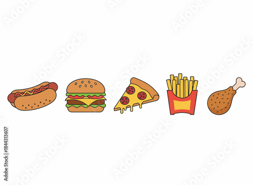 Tasty flat vector icon set featuring beloved fast food staples including hot dogs and pizza