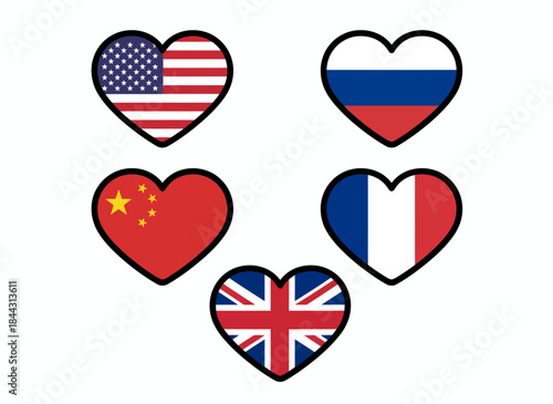 Heart Flags of USA, Russia, China, France, and UK on White Background