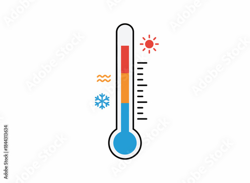 Flat vector icon of a thermometer, indicating cold, moderate, and hot temperatures with weather symbols