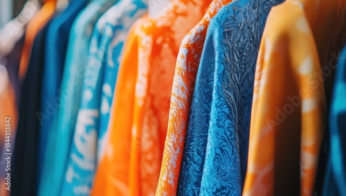 Wallpaper Mural Colorful Patterned Fabrics Hanging: Vibrant Blue and Orange Textiles with Intricate Textures for Fashion and Retail. Torontodigital.ca