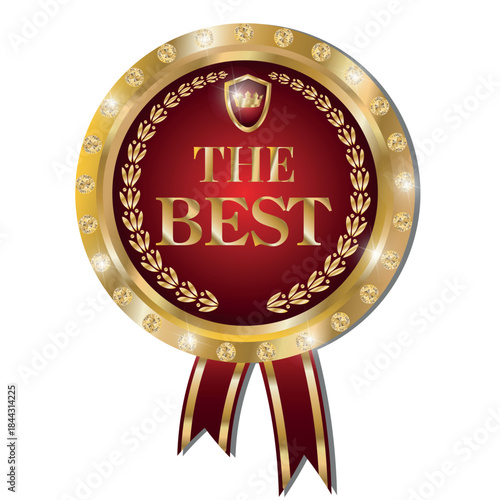 A gold medal with a red ribbon.  Vector logo with text is the best. Golden-red label icon with ribbon. The "Best" medal with gold edging and diamonds.