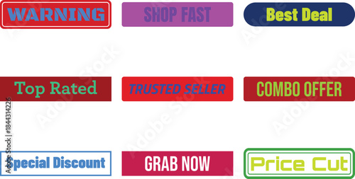 Colorful promotional banners with bold text for online shopping deals and special offers on white background