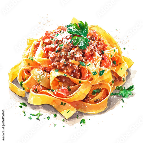 Watercolor illustration of Fettuccine Bolognese, vector artwork, isolated on white background.