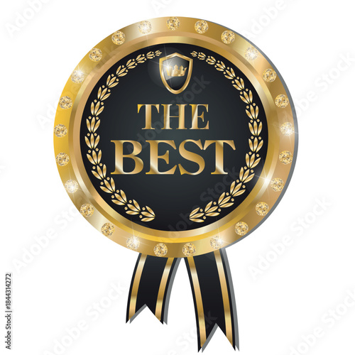 A gold medal with a black ribbon and gilding.  Vector logo with text is the best. The "Best" medal with gold edging and diamonds.  Golden-black label icon with ribbon