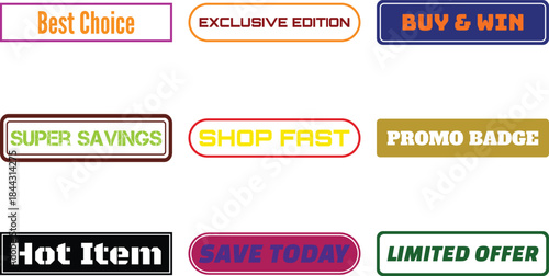 A collection of vibrant rectangular badges featuring bold textual labels for sales promotions and marketing campaigns on a white background