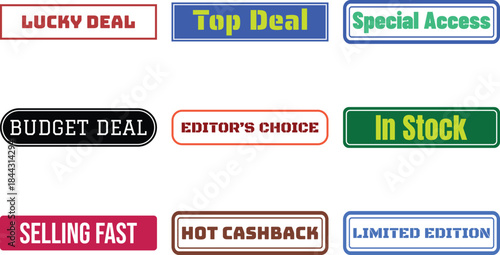 Nine different colored deal labels on a white background