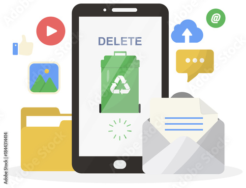 Smartphone deleting emails and media files isolated. Flat digital cleanup concept isolated on transparent background ideal for storage and privacy. World digital cleanup day. Vector illustration