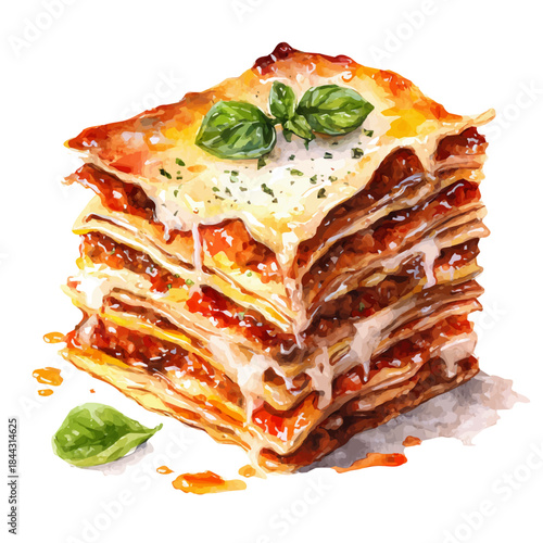 Lasagna in watercolor painting style, vector illustration on white background.