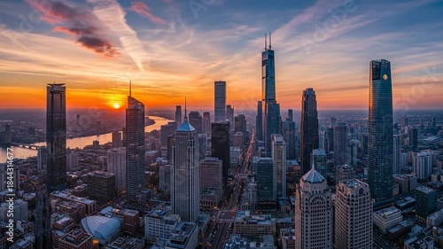 Modern City Skyline at Sunset with Dramatic Clouds and River View.