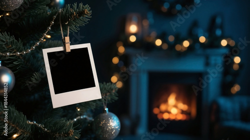 Blank black polaroid hanging on Christmas tree with fireplace background