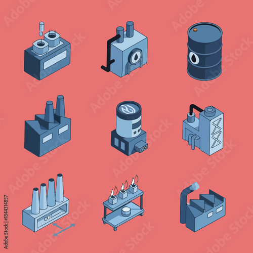Wallpaper Mural A grid of nine isometric illustrations depicting various blue factory machines, industrial equipment, and processing units on a red background. Torontodigital.ca