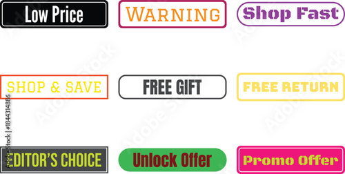 Various colorful promotional labels and badges on a white background