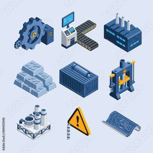 A collection of isometric industrial icons depicting factories, machinery, raw materials, a warning sign, and a blueprint.