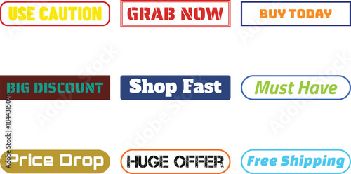 Nine colorful promotional labels and stickers on a white background