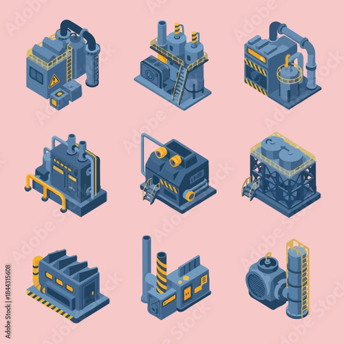A collection of nine isometric illustrations depicting various industrial buildings, factories, and machinery components in blue and yellow hues.
