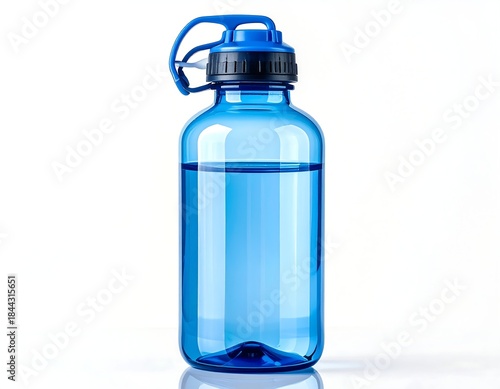 Transparent blue water bottle, full, top handle, isolated on white background, studio shot, close-up