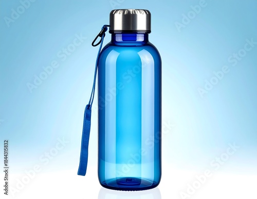 Transparent blue water bottle with silver cap, strap, on a blue gradient
