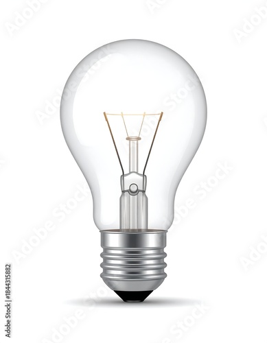 Transparent glass lightbulb with metallic base, filament, isolated on white background