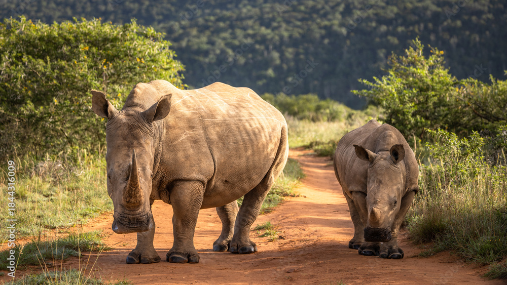 Fototapeta premium A female white rhinoceros with calf (Ceratotherium simum), Shamwari Private Game Reserve, South Africa.