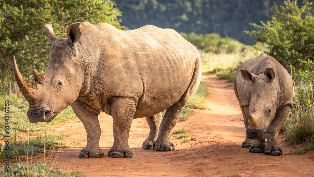 Obraz premium A female white rhinoceros with calf (Ceratotherium simum), Shamwari Private Game Reserve, South Africa.
