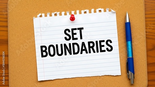 Set boundaries written on a note pinned to a cork board next to a blue pen, concept of personal limits and selfcare