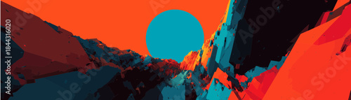 Low Poly Alien vector art  Landscape Orange Sky Cyan Sun Red Mountain Retro Sci Fi Virtual Reality Background Synthwave Art Concept Game Environment Terrain 3D Render Graphic
