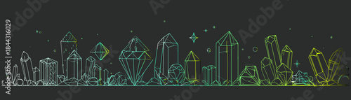 Neon Crystal Skyline Gemstone Cluster Mineral Formation Quartz Diamond Structure Glowing Green Yellow Gradient Abstract Geology Concept Precious Stone Treasure Wealth
