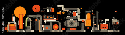 Industrial Supply Chain Factory Production Line Machine Orange Grey Graphic Manufacturing Process Engineering Logistics Concept Diagram Vector Illustration
