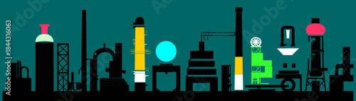 Industrial City Skyline Silhouette Factory Smokestack Power Plant Teal Background Pollution Energy Production Environment Concept Vector Illustration Graphic
