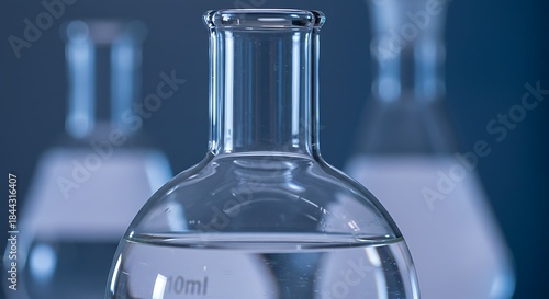 Transparent laboratory flasks with liquid against blue background for science studies