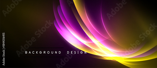 Abstract flowing shapes, vibrant colors. Yellow, purple gradients create dynamic energy. Dark background emphasizes bright design elements.