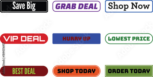 Nine colorful shopping deal labels on a white background