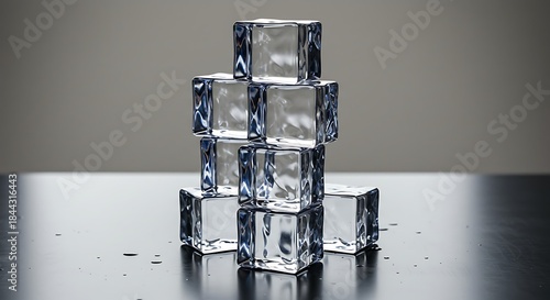 Transparent ice cubes, neatly stacked, with light reflections. Water droplets on surface