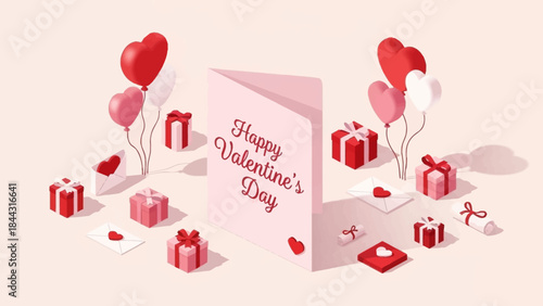 Happy Valentine's Day card with gifts and heart balloons on pink background