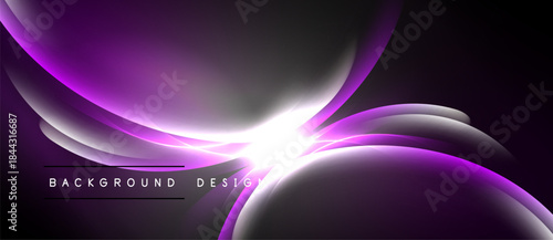 Abstract purple waves radiate from bright center. Dark background creates dramatic visual effect. Modern design element.