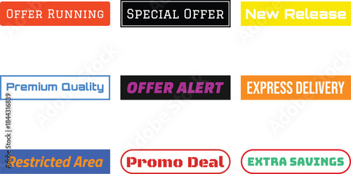 collection of promotional offer labels and stickers on white background