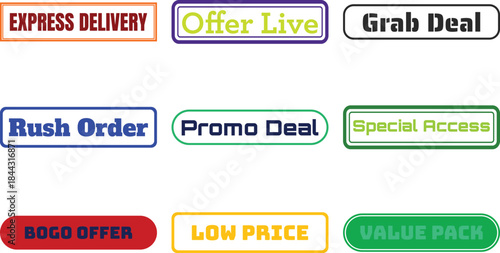 Nine colorful rectangular labels with various promotional phrases on a transparent background