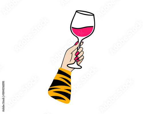 Stylish female hand holding wine glass with pink drink, modern celebration gesture illustration in bold graphic style for party, fashion, nightlife and festive designs. Vector illustration.