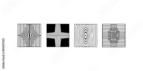 Four abstract geometric optical illusion designs with black and white line art patterns isolated on transparent background