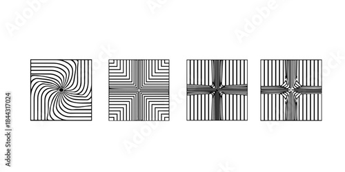 Four abstract geometric line art patterns including a vortex and intersecting lines isolated on transparent background