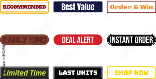 collection of promotional sale labels and buttons isolated on transparent background