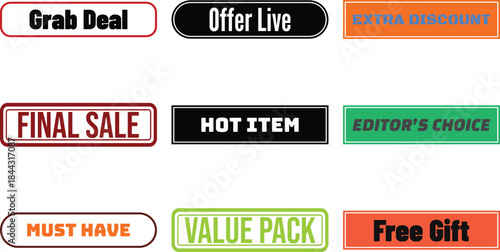 Nine different colored sale labels and stickers on a white background