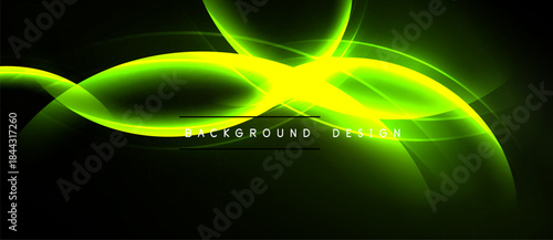 Bright green lines curve across dark background. Center features intense light flare, creating dynamic visual effect. Modern design element.