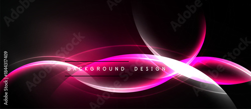 Dark background features vibrant pink waves. Smooth curves create modern abstract design. Text reads background design. Minimalist aesthetic.