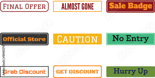 Nine rectangular labels with various sale and discount messages isolated on transparent background