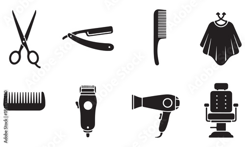 Barber Shop Icons: Scissors, Razor, Combs, Dryer, Chair, Cape