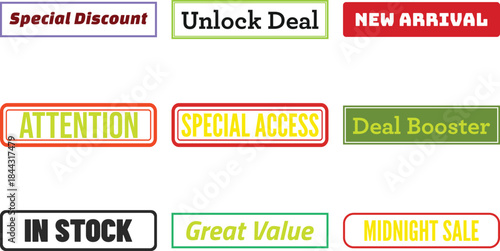 nine rectangular labels with various sale and discount texts isolated on transparent background